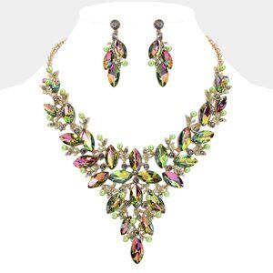 TWILIGHT GARDEN NECKLACE AND PIERCED EARRING SET (GOLDTONE/VITRAIL) NWOT